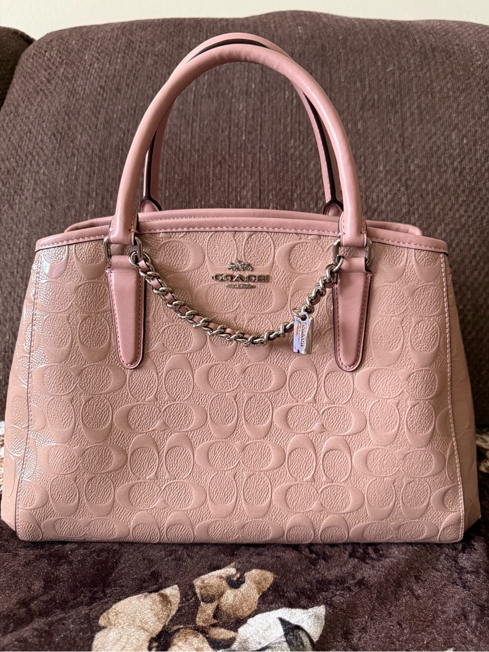COACH Signature Logo Patent Leather Silver-Tone Margot Blush Pink Carryall Bag